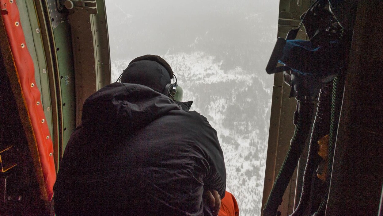 Un homme observe une forêt de haut, à bord d'un avion.