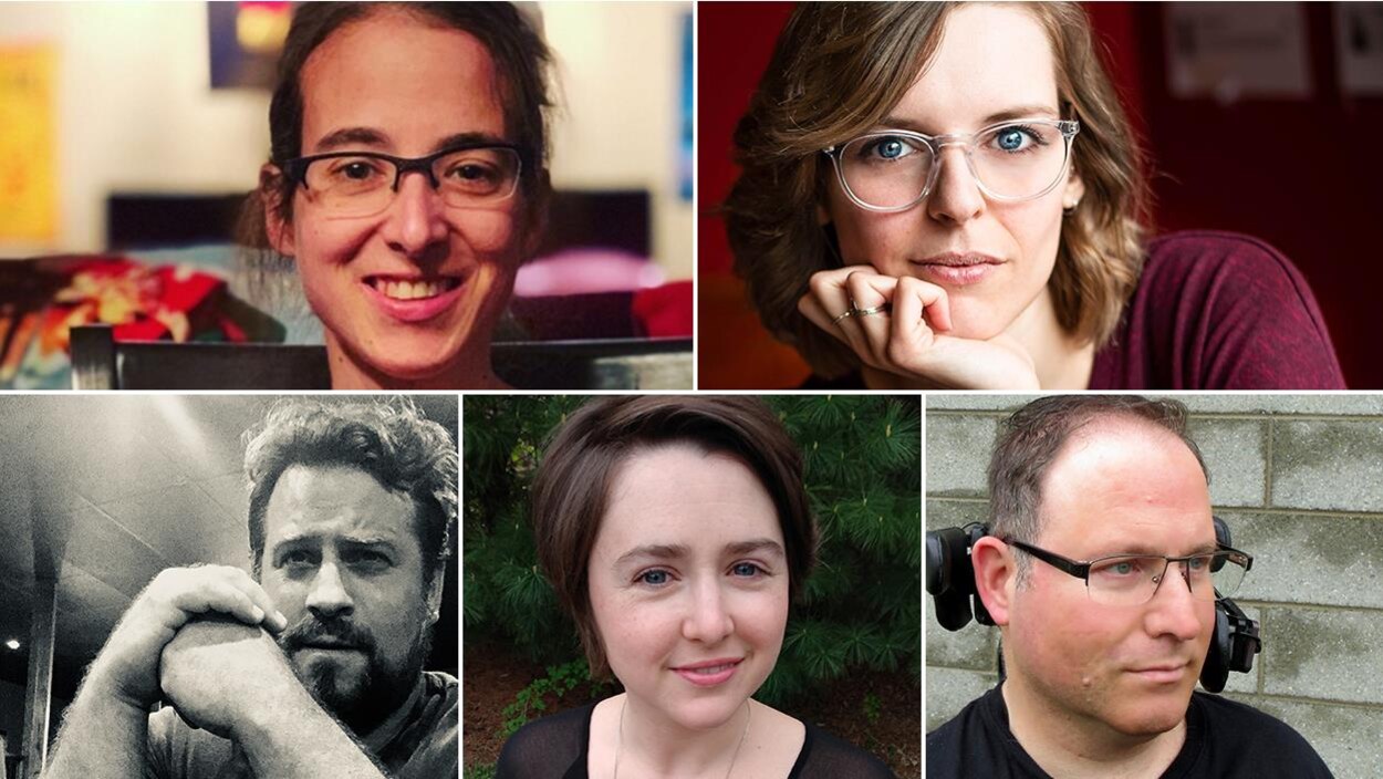 Montage photo des portraits des 5 autrices et auteurs finalistes du Prix du récit Radio-Canada 2019. Dans le sens horaire : Sophie René de Cotret, Julie Day-Lebel, Francis Ouellette, Vicky Larochelle et François Marcotte