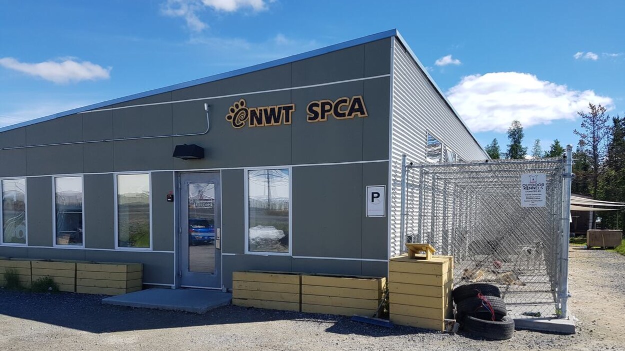 Les bureaux de la SPCA dans les T.N.-O. sous un ciel dégagé.