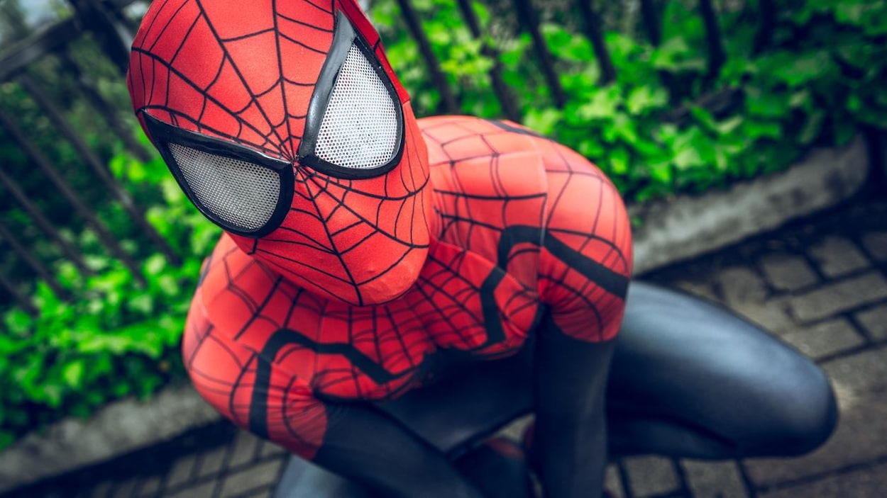 Une personne costumée en Spider-Man. Une personne costumée en Spider-Man.