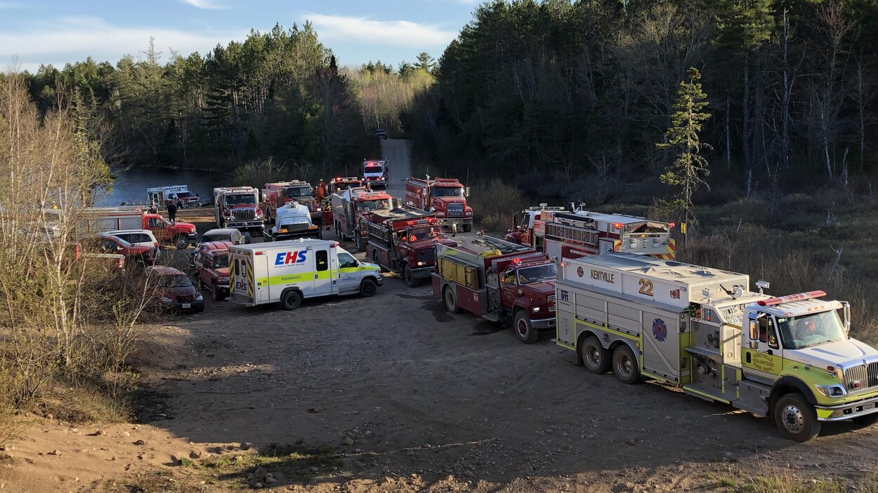 Plusieurs camions de pompiers, une ambulance et d'autres véhicules garés le long d'un chemin forestier.