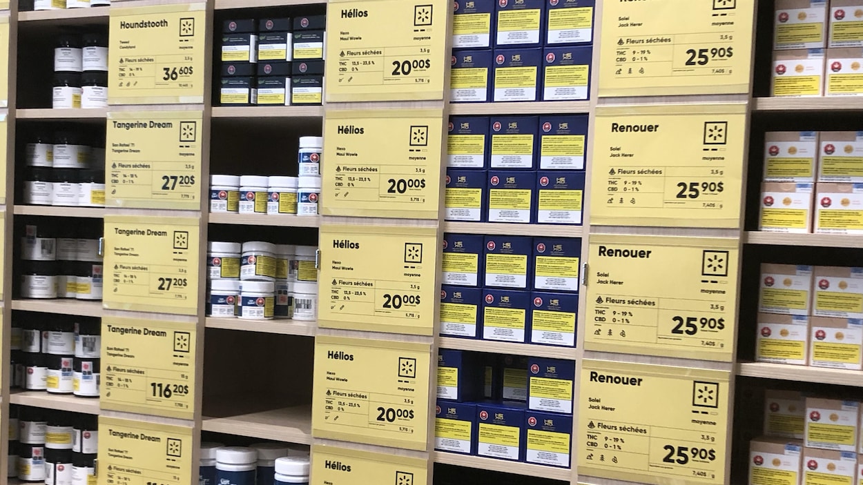 Des étagères remplies de produits avec les affiches montrant les prix.