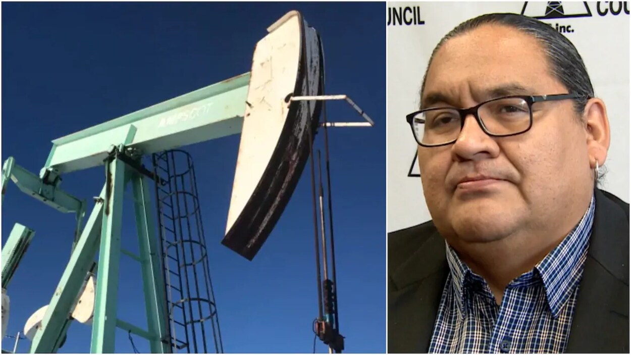 À gauche un puit de pétrole, à droite Stephen Buffalo.