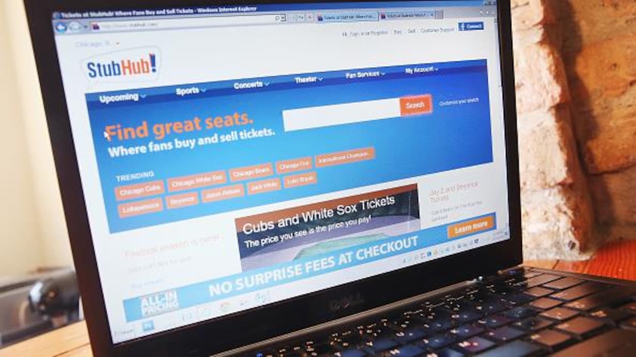 Un site de vente en ligne de Stubhub ouvert sur un ordinateur.