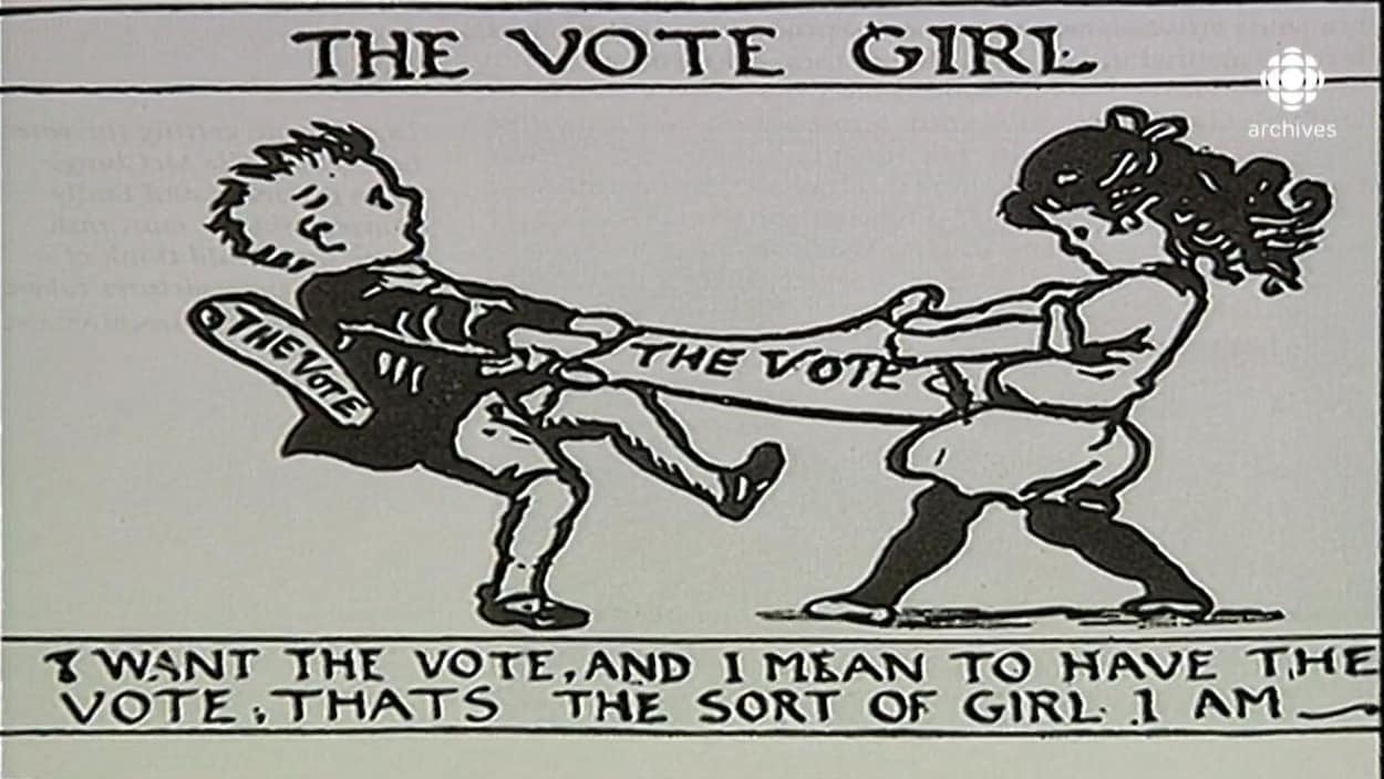 Caricature intitulé de «The Vote Girl» illustrant une jeune fille qui tire violemment sur un bordereau de vote, retenu par un garçon. Sous la caricature, le commentaire suivant: «I want the vote, and I mean to have the vote, thats the sort of girl I am».
