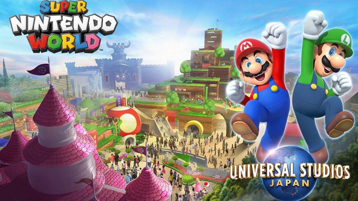 Univers de Super Mario, avec en avant-plan Mario et Luigi qui sautent avec le poing dans les airs.