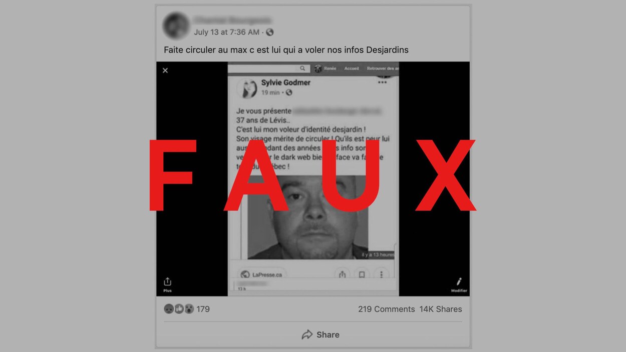 On voit une publication Facebook qui nomme le suspect dans l'affaire Desjardins, avec une photo. Le mot « FAUX » apparaît sur l'image.