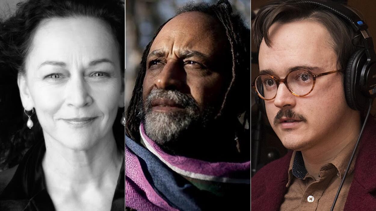 Montage des portraits : Sylvie Drapeau à gauche en noir et blanc, Rodney Saint-Éloi au centre en couleur, Jean-Christophe Réhel à droite en noir et blanc.