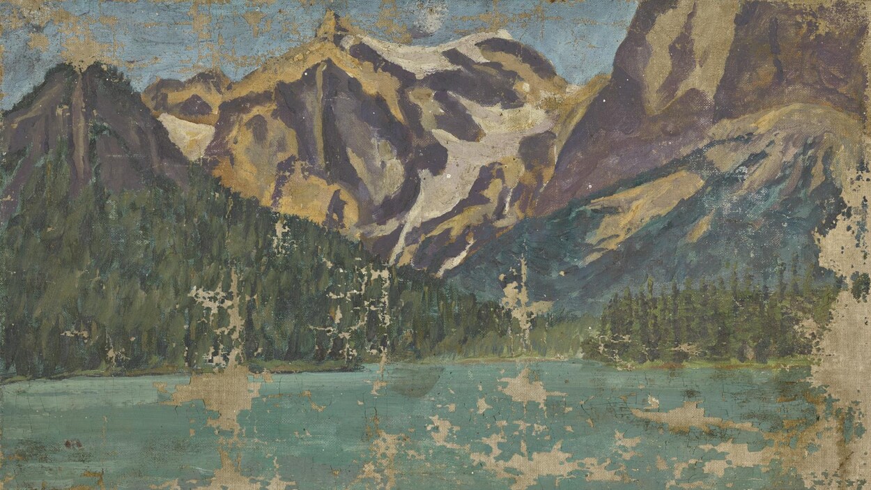 Un tableau d'un lac avec des montagnes en arrière, avec des traits épais et des tons verts. Un tableau d'un lac avec des montagnes en arrière, avec des traits épais et des tons verts.