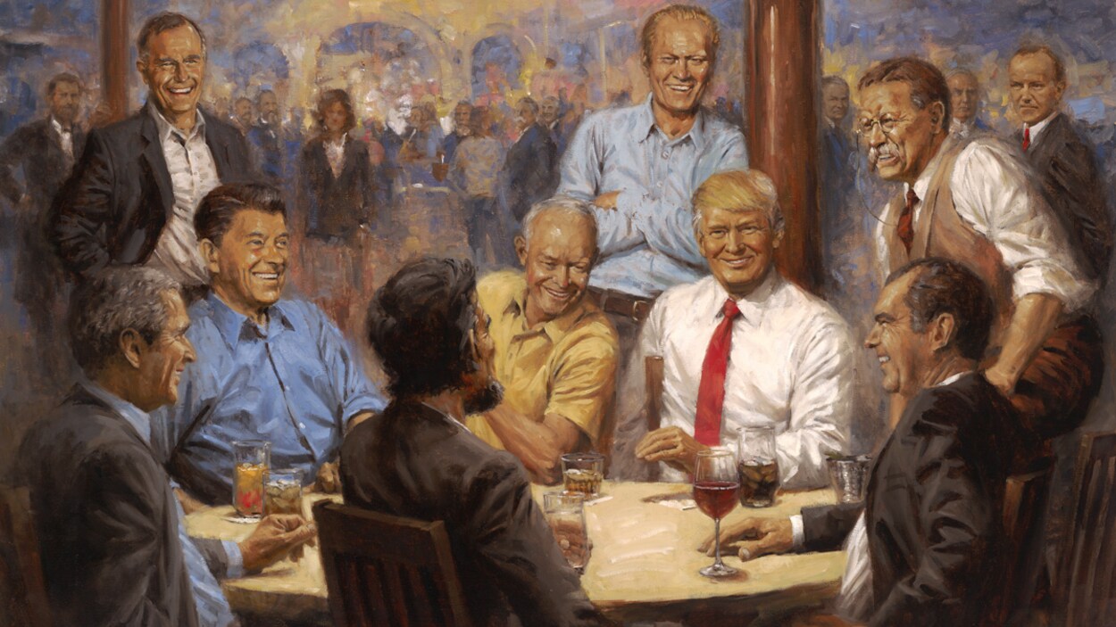 Le tableau «The Republican Club» où on voit, attablés, les présidents républicains Donald Trump, George W. Bush, Ronald Reagan, Richard Nixon, Abraham Lincoln; debout, on voit aussi Theodore Roosevelt, Gerald Ford et George Bush.
Le tableau «The Republican Club» où on voit, attablés, les présidents républicains Donald Trump, George W. Bush, Ronald Reagan, Richard Nixon, Abraham Lincoln; debout, on voit aussi Theodore Roosevelt, Gerald Ford et George Bush.