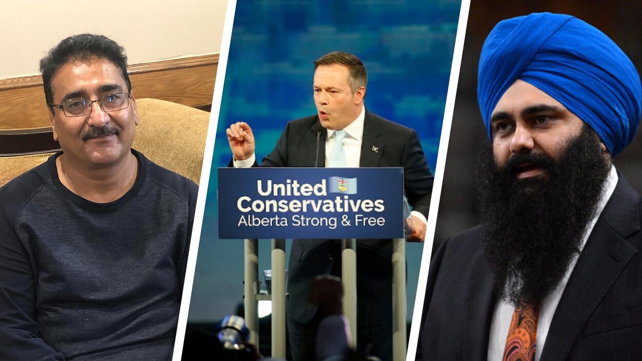 De gauche à droite : Tariq Chaudhry, Jason Kenney et Tim Uppal.