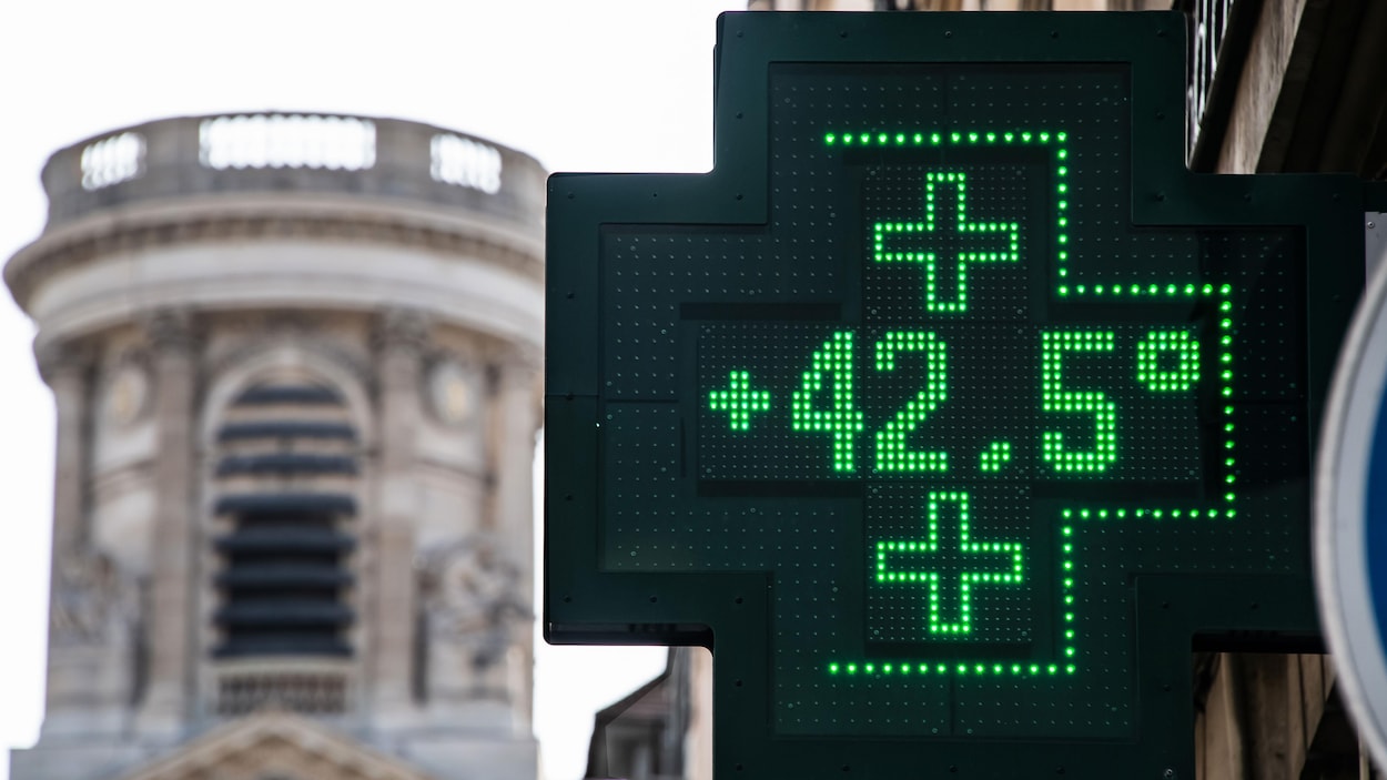Un écran affichant 42,5 degrés Celsius dans les rues de Paris.