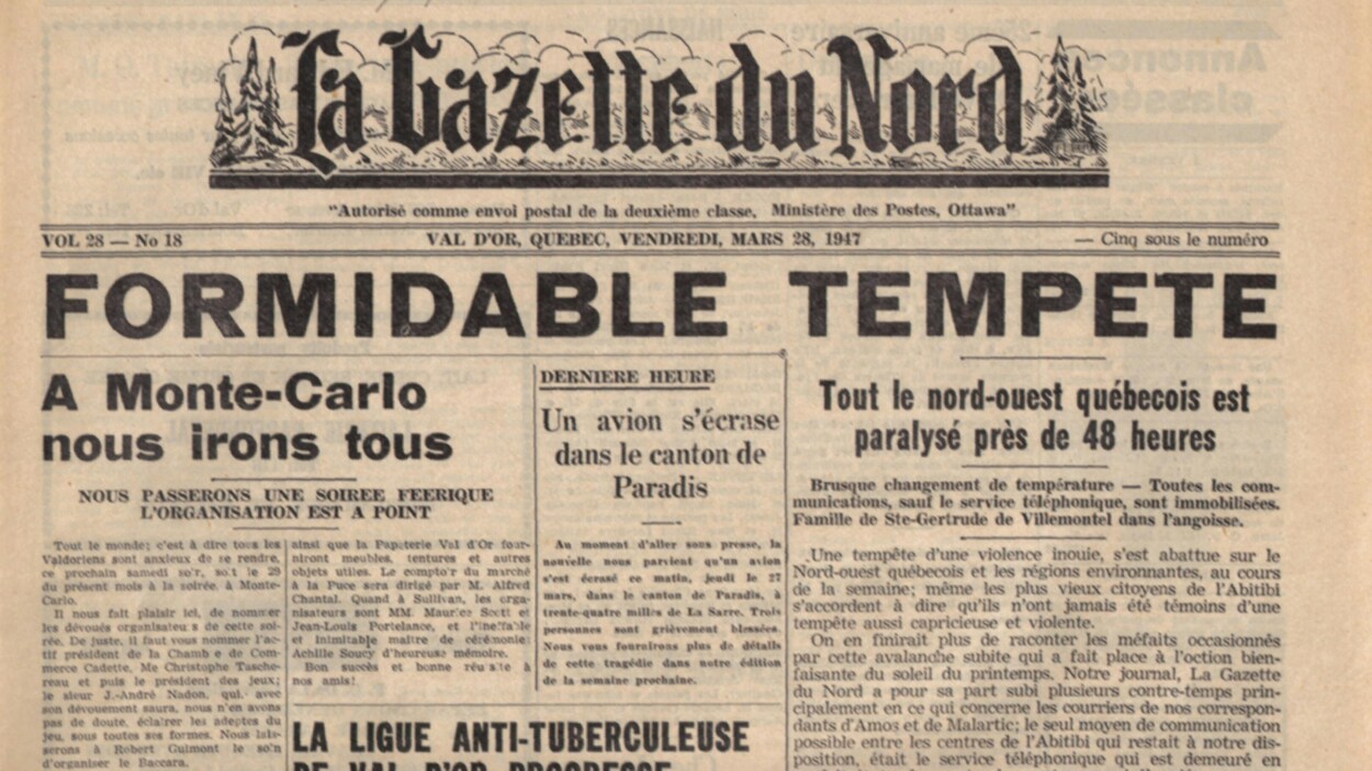 Le journal La Gazette du Nord suite à « La grande tempête », Société d'histoire d'Amos Le journal La Gazette du Nord suite à « La grande tempête », Société d'histoire d'Amos