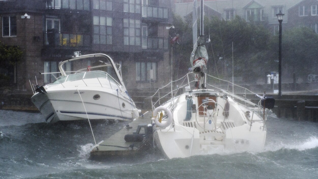 Des bateaux sont malmenés par d'importantes vagues dans une marina.