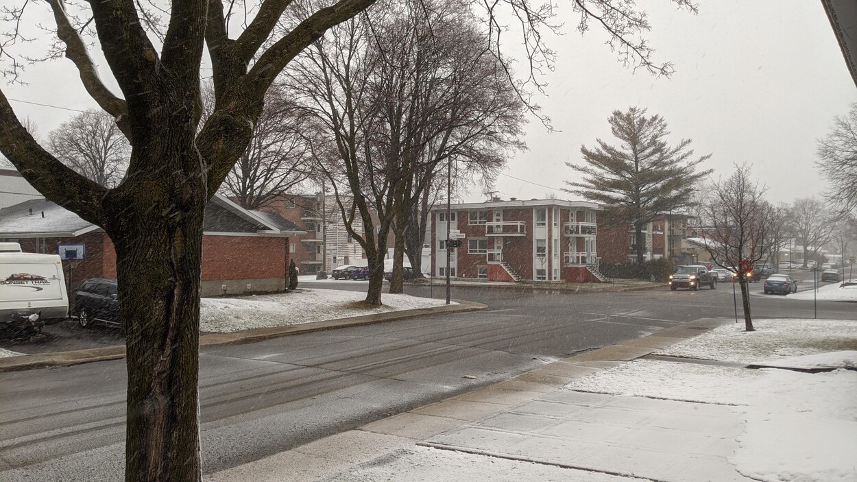 Des flocons et de la neige sur le sol au printemps dans un quartier résidentiel