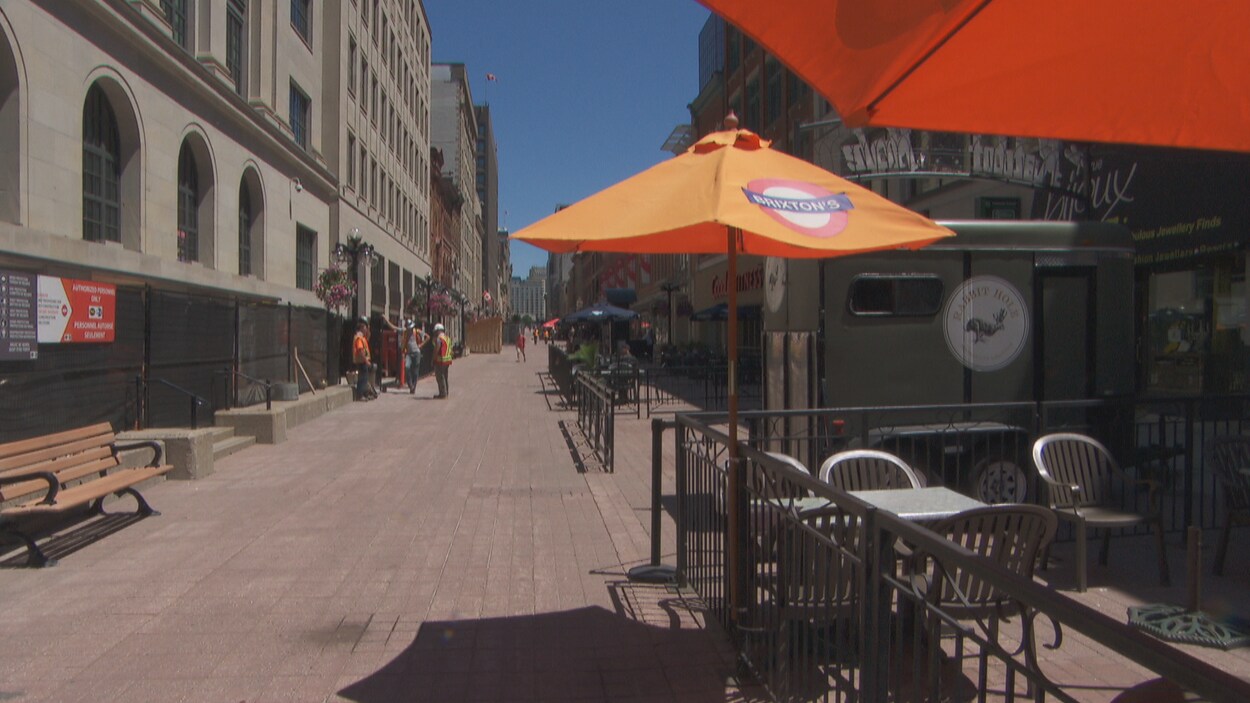 Une terrasse vide sur une rue piétonne d'Ottawa en été.