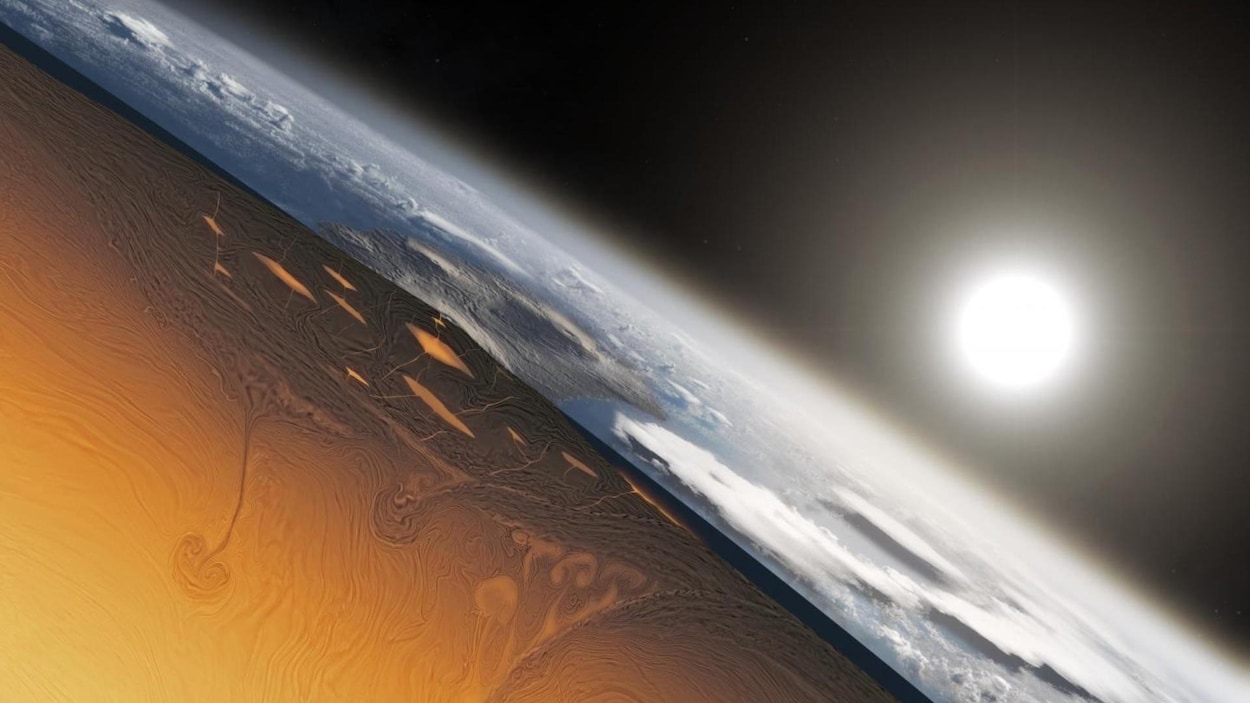 Illustration montrant l'apparition de la croûte terrestre il y a environ 3 à 4 milliards d'années.