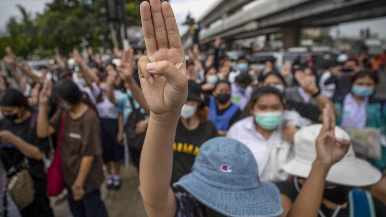 Une manifestante fait le salut à trois doigts au milieu d'une foule.