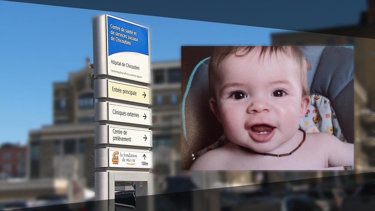 Le petit Thomas Audet dans un montage où l'on voit l'enseigne du CIUSSS.