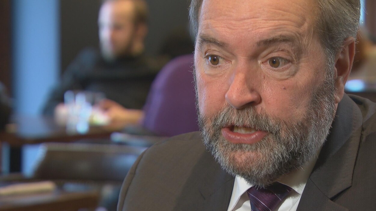 Thomas Mulcair répond aux questions du journaliste Louis Blouin, lundi, dans un café montréalais.