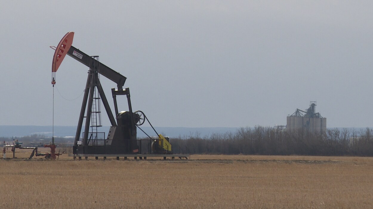 Une tige de pompage sur un puits de pétrole dans un champ au sud de Peace River, en Alberta. Octobre 2019.