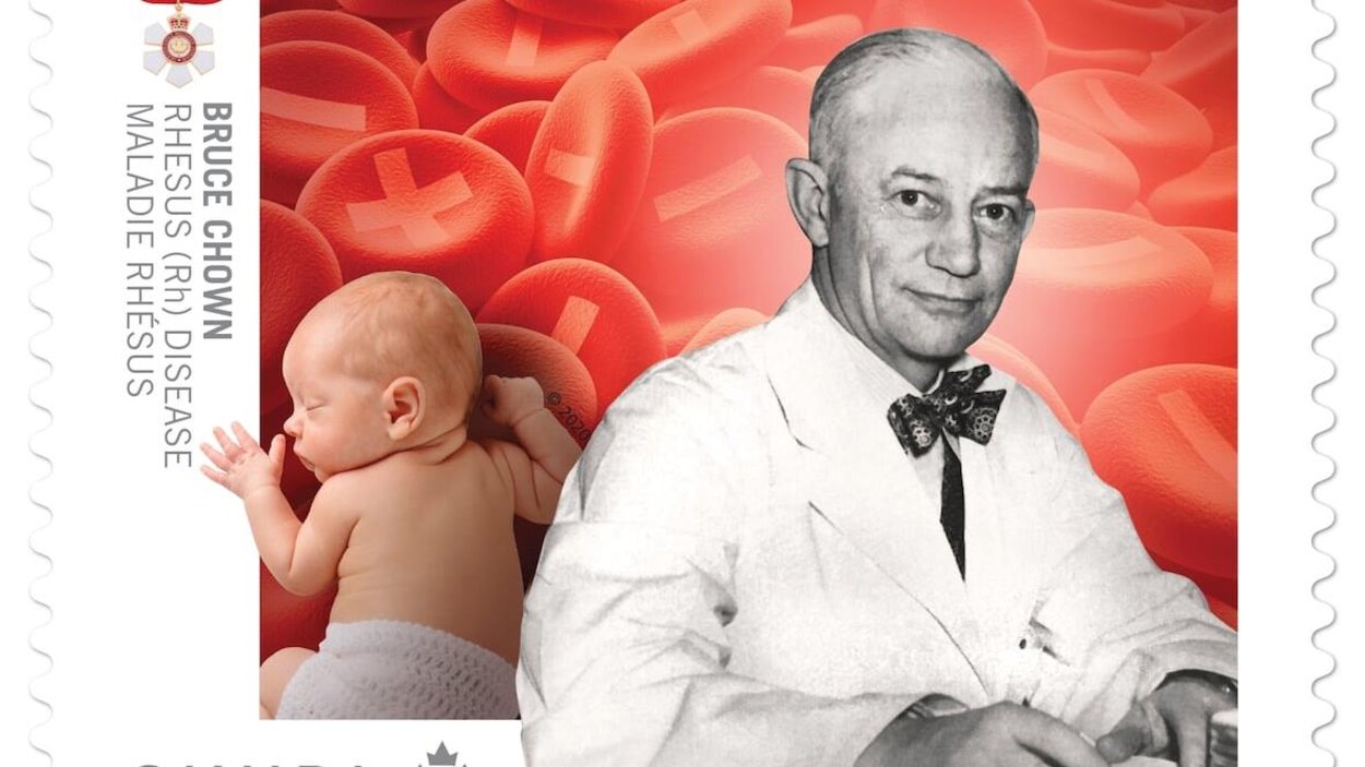 Un timbre avec un homme en noir et blanc sur fond de globules rouges et de nourrisson.