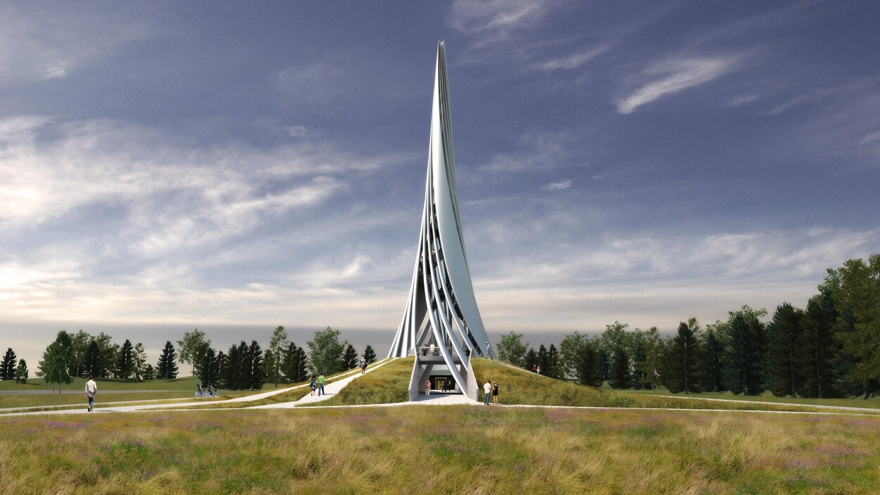 Rendu numérique d'un bâtiment en forme de cône sur une butte.