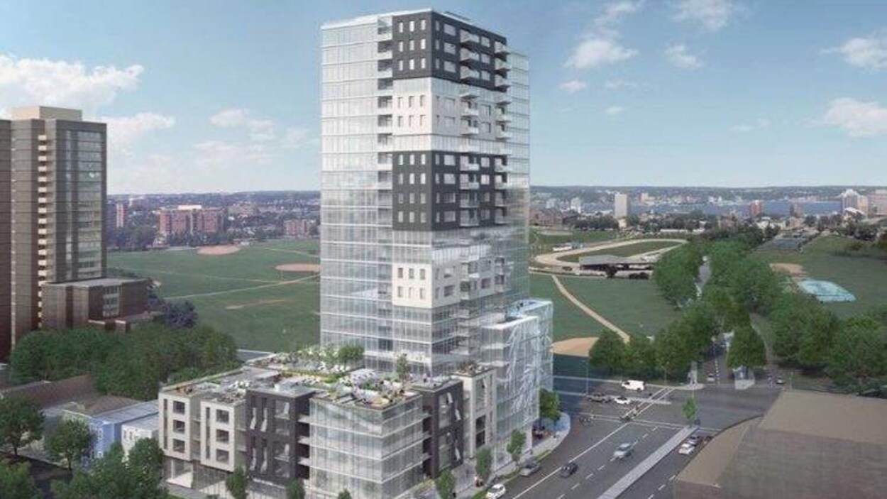 Une illustration faite par des architectes de la tour Willow Tree et, derrière celle-ci, les Commons d'Halifax.