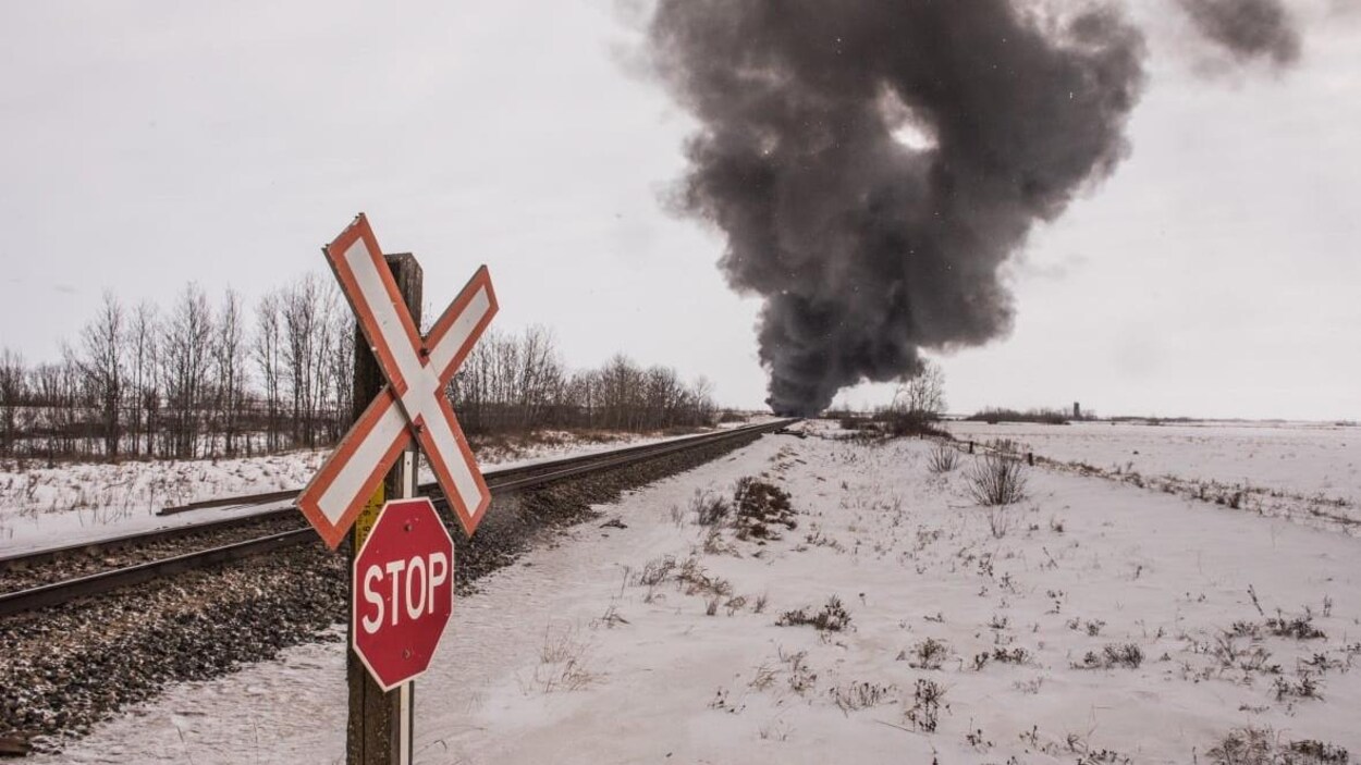 Une voie ferrée, un paysage hivernal et une épaisse fumée noire.
