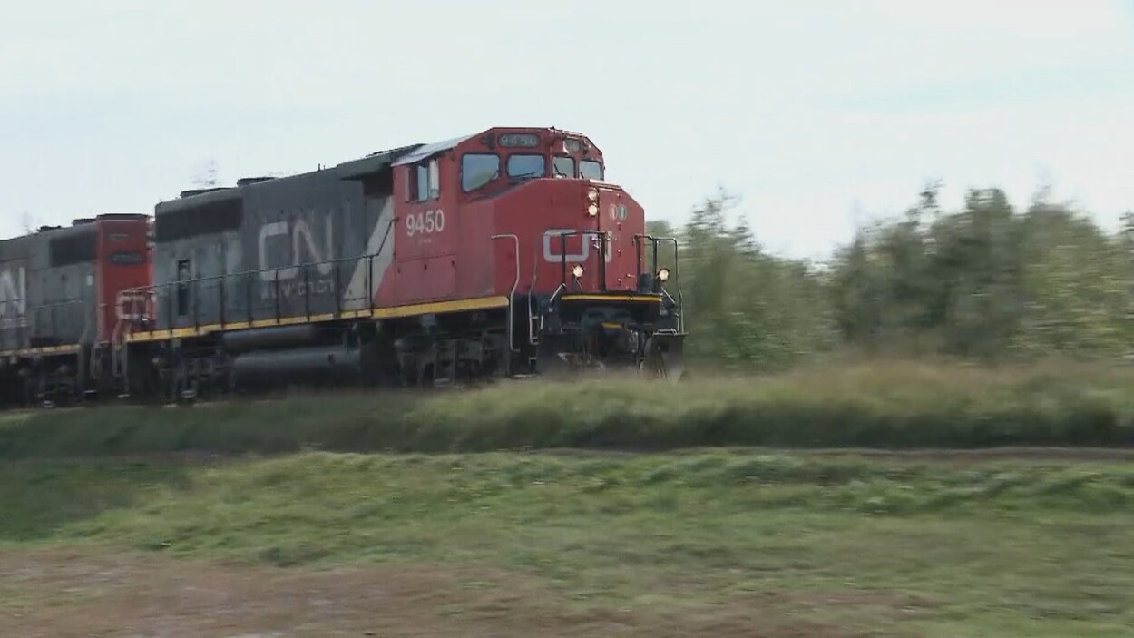 Un train du CN sur une voie ferrée.
