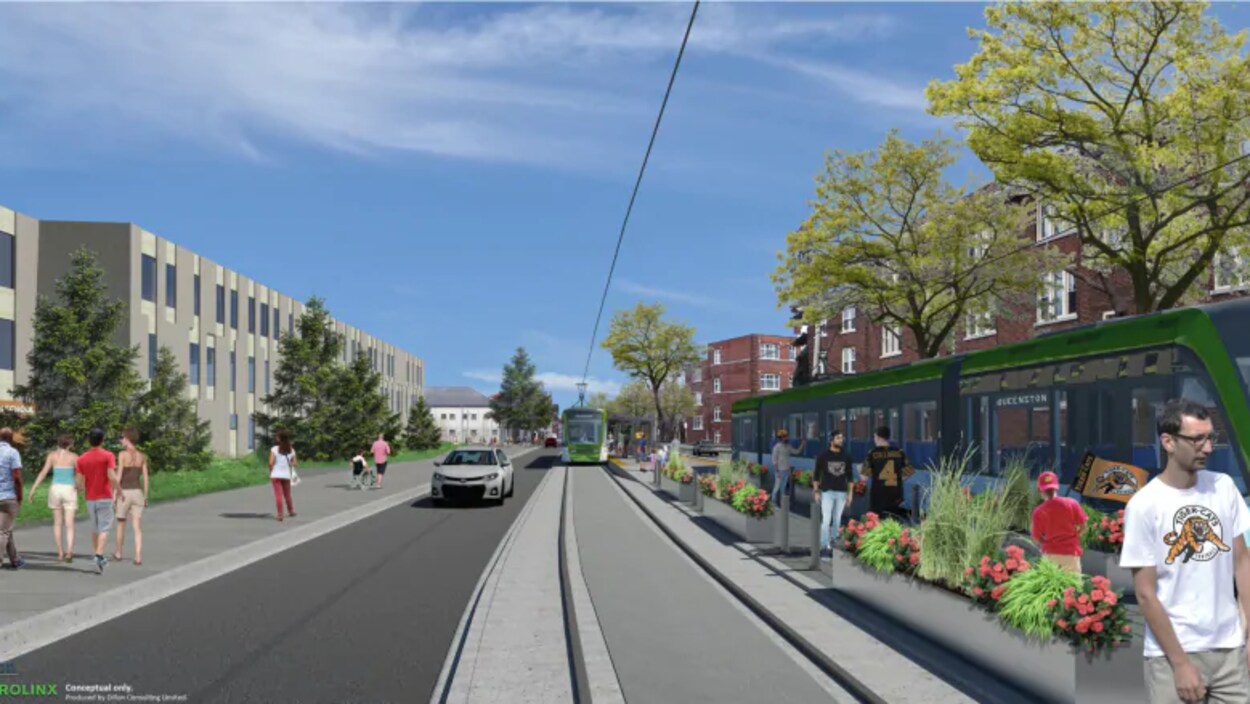 Une rendition artistique d'une rue sur laquelle circule une voiture, des piétons et un train.
