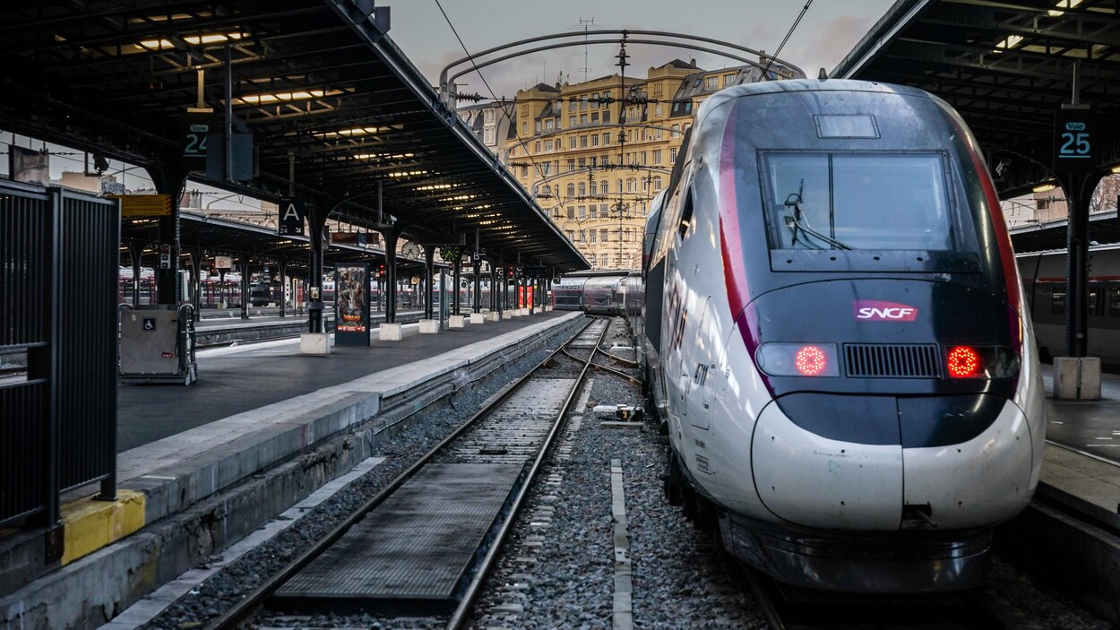 Un train de la SNCF à l'arrêt, dans une gare désertée par ses usagers.
