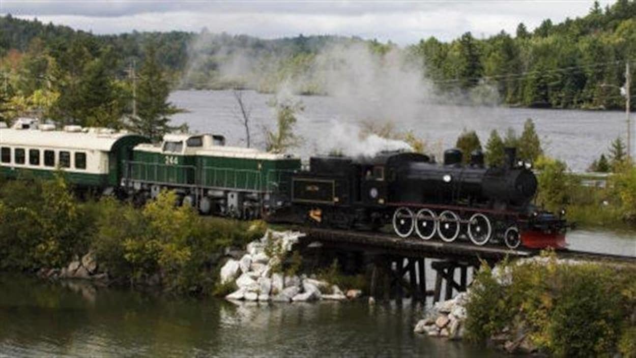 Une locomotive et ses wagons sur un pont Une locomotive et ses wagons sur un pont