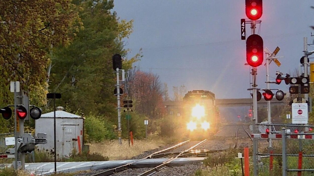 Le train se dirige vers un passage à niveau en fin de journée.