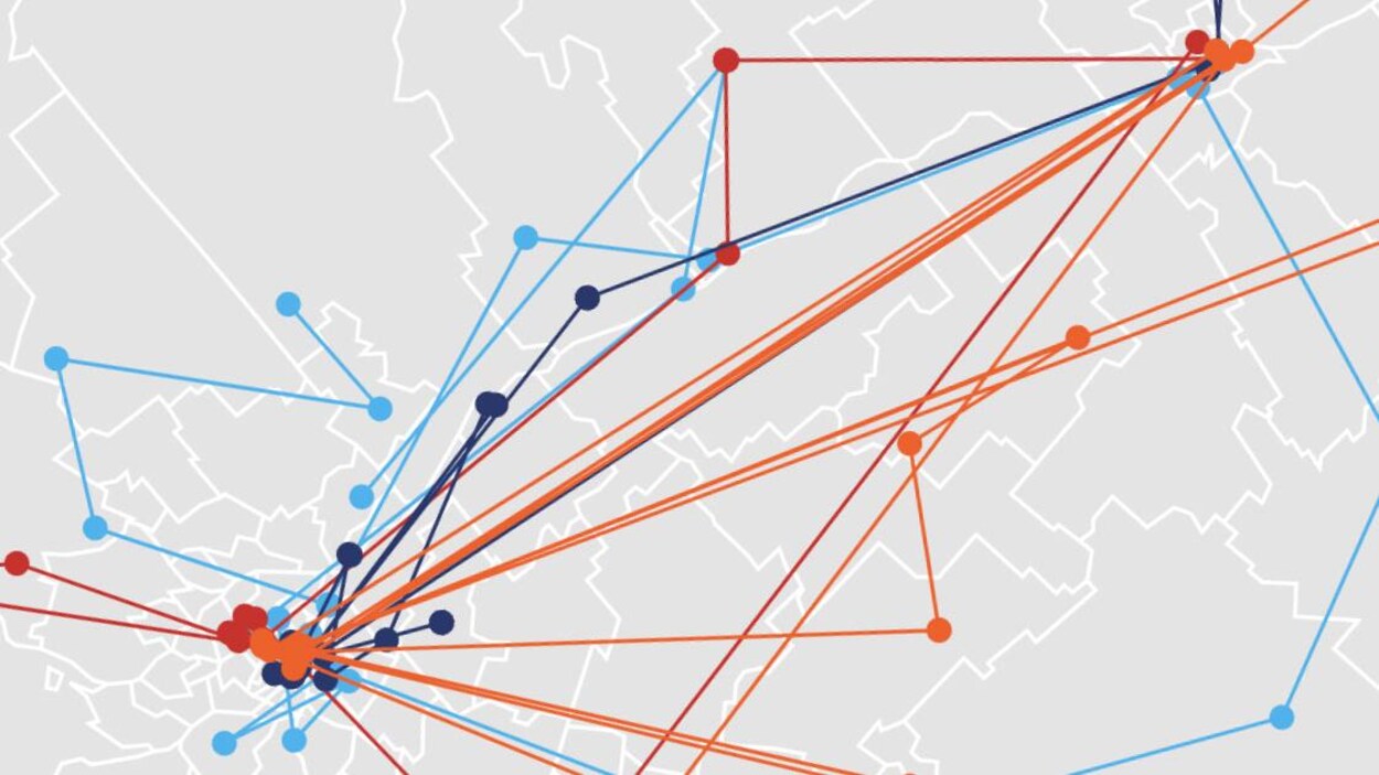 Des lignes sur une carte montrant le trajet des chefs et de la co-porte-parole.