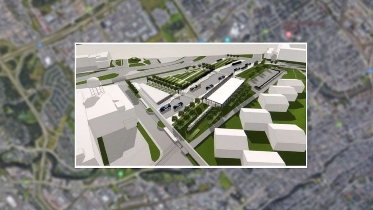 Une maquette du projet de tramway, avec des bâtiments blancs.