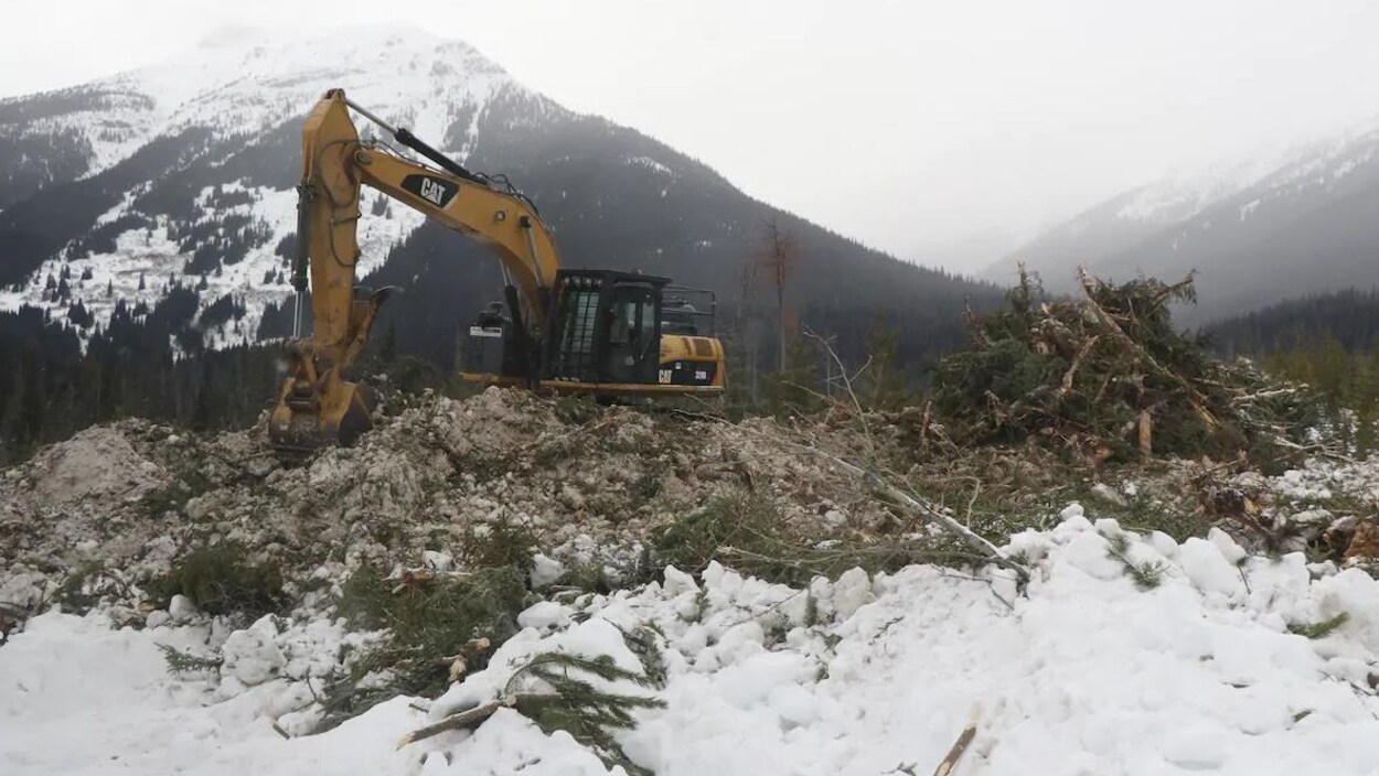 Une excavatrice sur un monticule de terre avec de la neige et la montagne en arrière-plan.