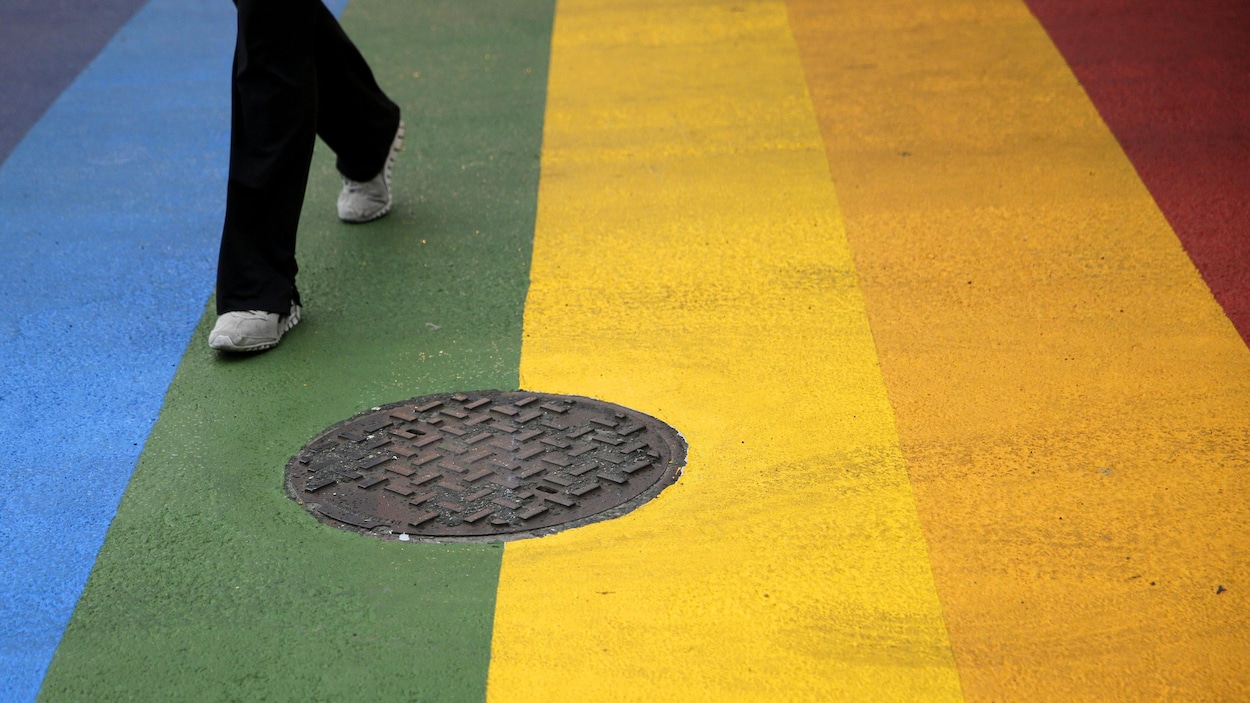 Une traverse piétonnière aux couleurs du drapeau arc-en-ciel.