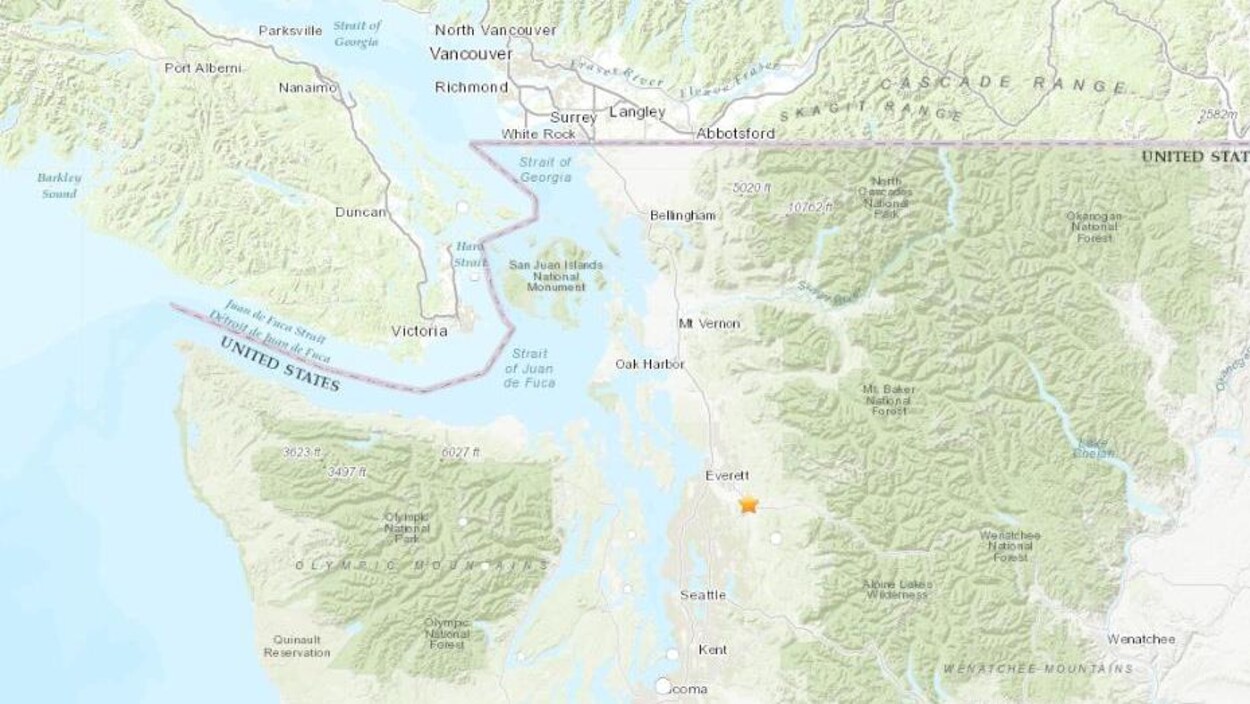 Une carte des États-Unis avec une étoile sur la région de Three Lakes.