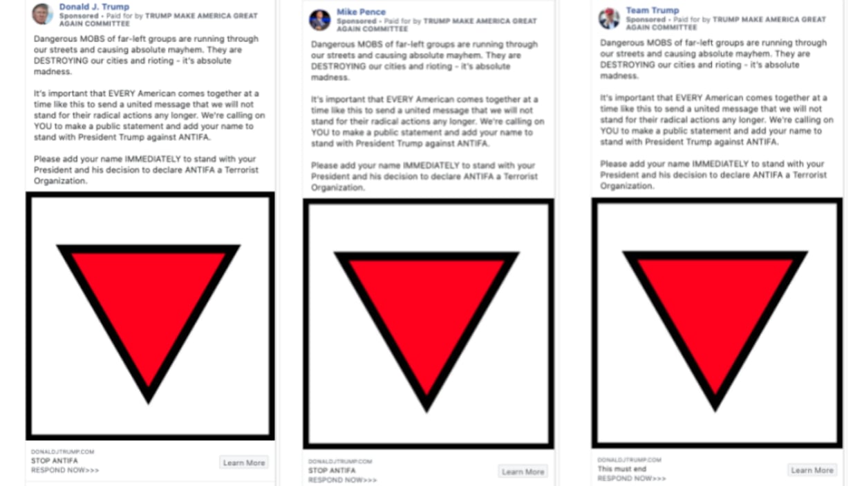 Impressions d'écran des publicités montrant des triangles rouges inversés sur les pages Facebook de Donald Trump, Mike Pence et de l'équipe de campagne de réélection du président. 