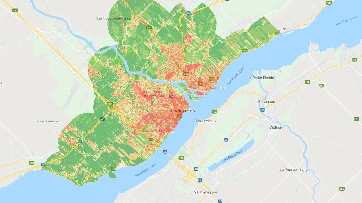 Visuel des îlots de chaleur sur le secteur de Trois-Rivières.