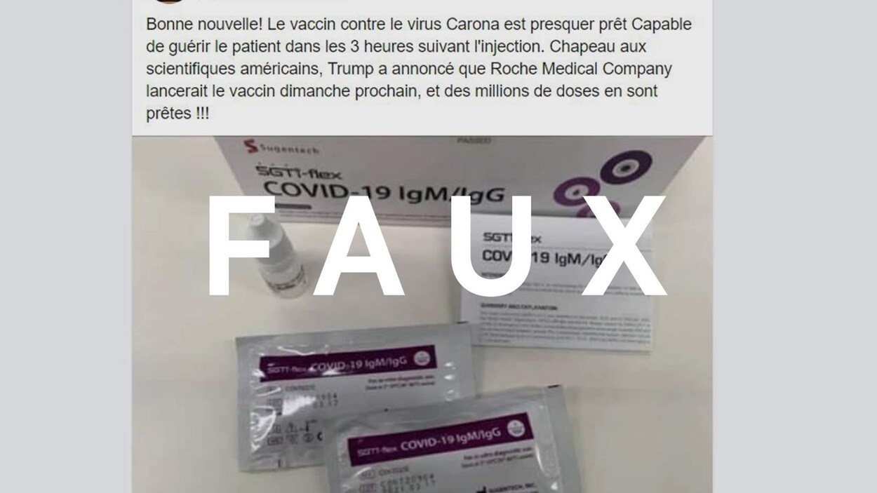 Une trousse de dépistage pour la COVID-19, avec une publication en texte et le mot FAUX.