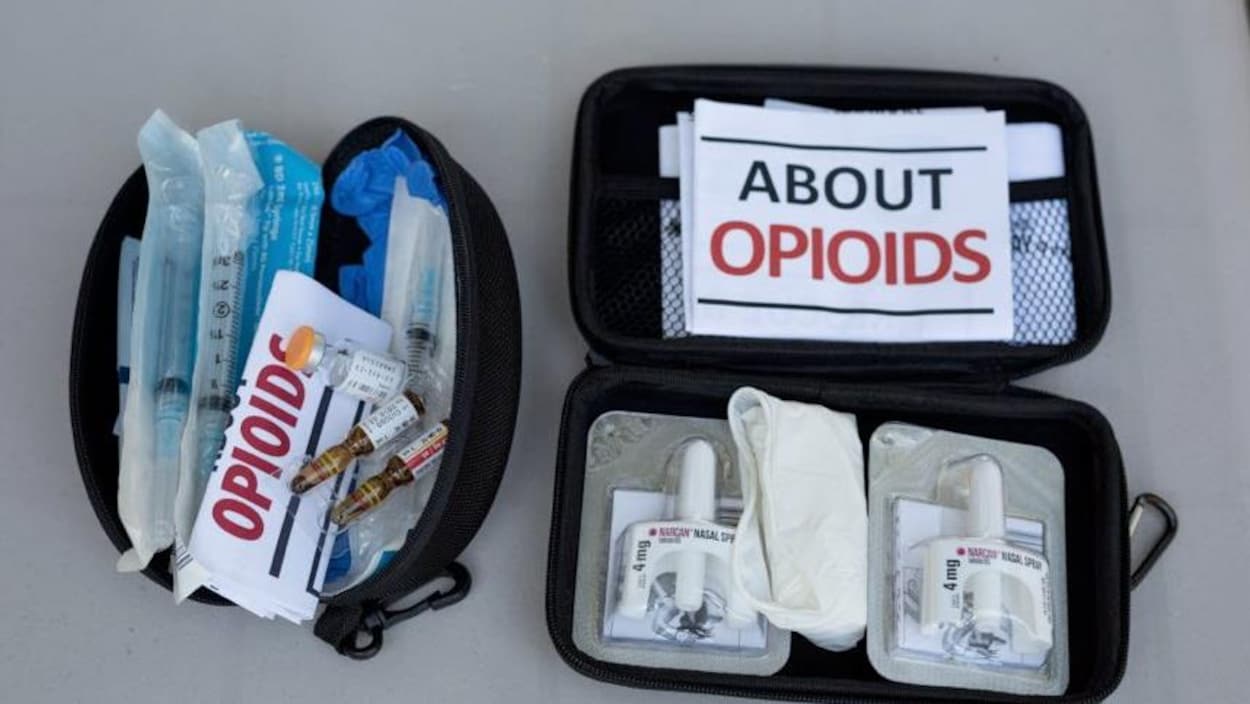 Deux pochettes noires contiennent des seringues et de la drogue.