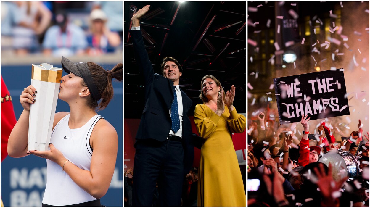 Une photo de Bianca Andreescu, une photo de Justin Trudeau, et une photo d'une célébration de la victoire des Raptors de Toronto.