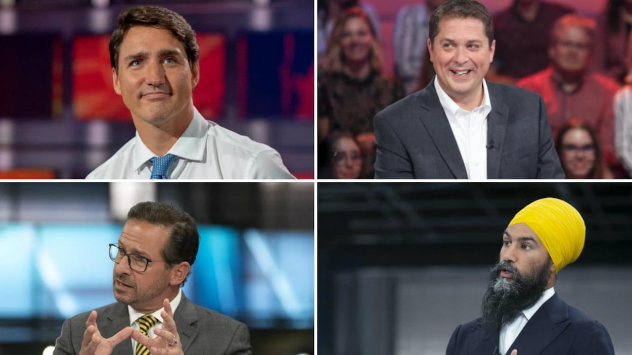 Photomontage montrant Justin Trudeau, Andrew Scheer, Jagmeet Singh et Yves-François Blanchet.