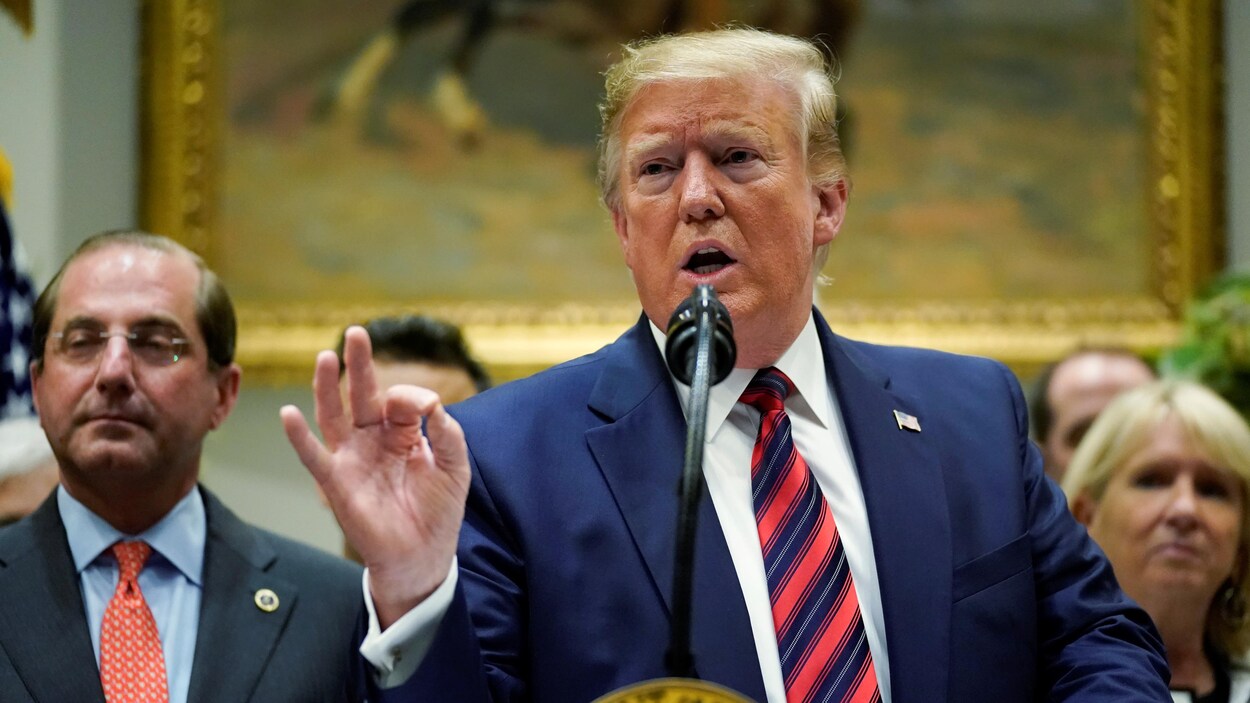 Donald Trump gesticule avec sa main droite alors qu'il parle derrière un lutrin dans une pièce de la Maison-Blanche.