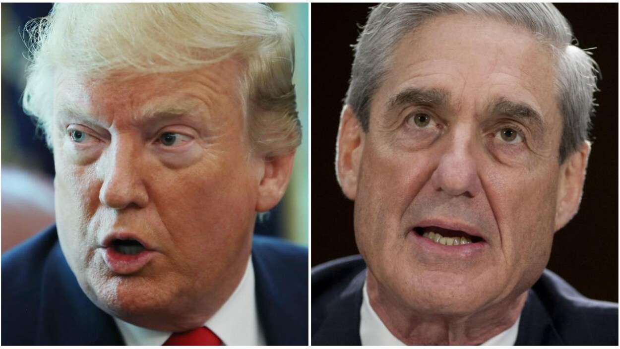 Montage photo de Donald Trump, regardant vers la droite, et Robert Mueller, regardant devant lui, en gros plan.