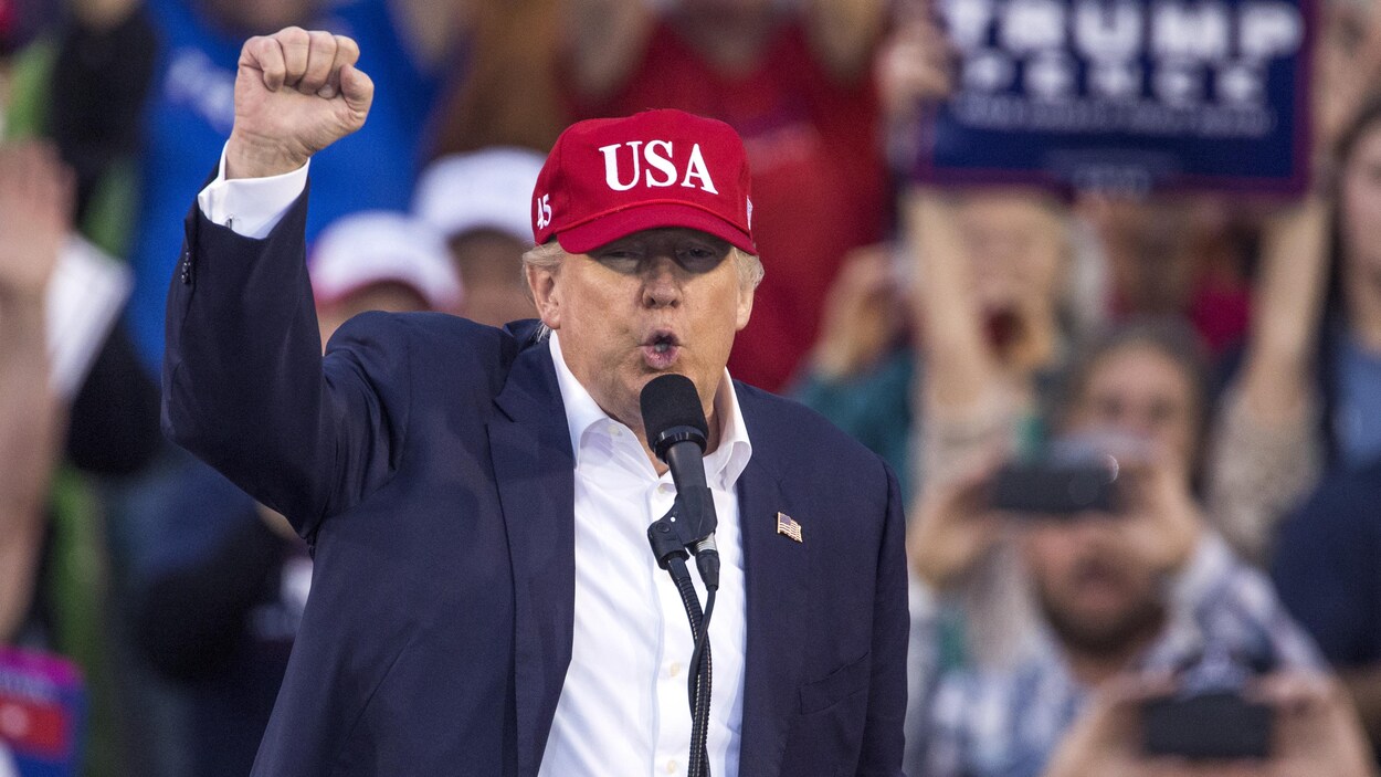 Donald Trump poing en l'air lors d'un rassemblement le 17 décembre 2016 à Mobile en Alabama