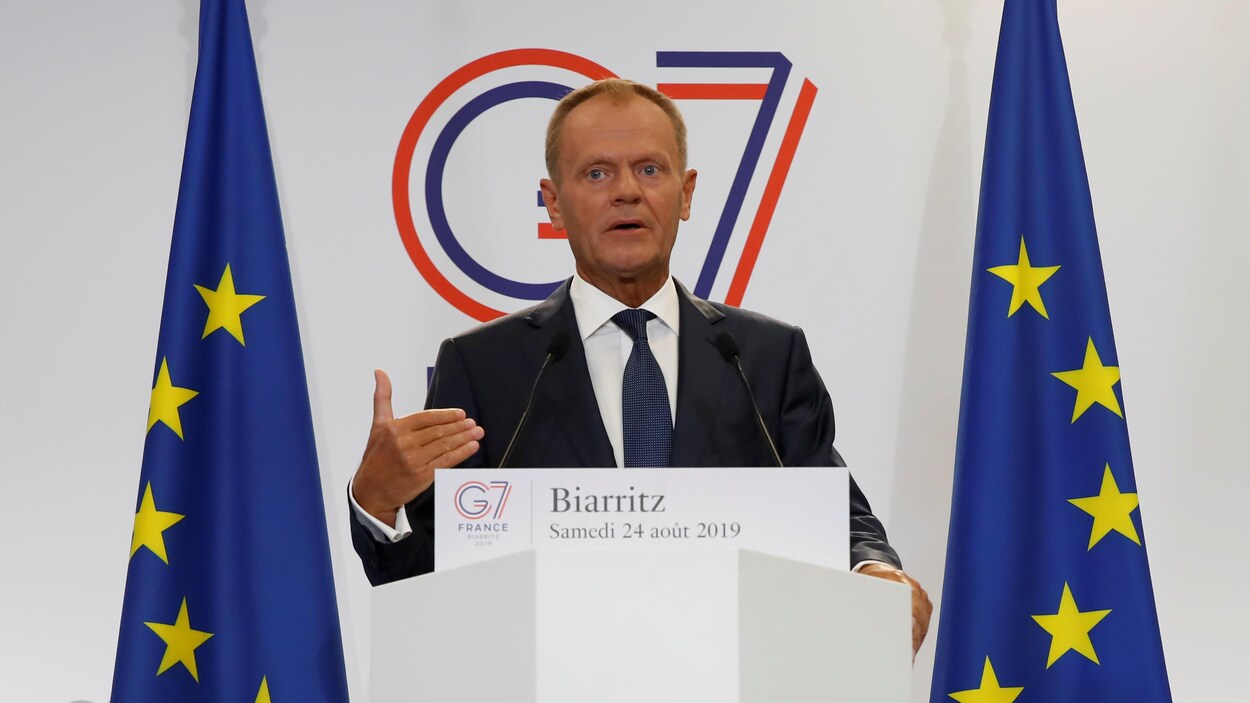 Le président du Conseil européen, Donald Tusk, lors d'une conférence de presse en marge du sommet du G7 à Biarritz, France, le 24 août 2019.