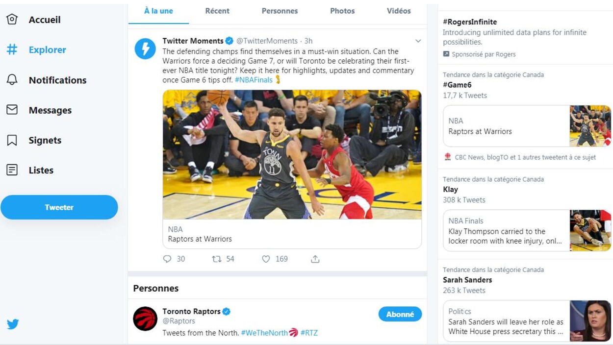 capture d'écran du match des Raptors.